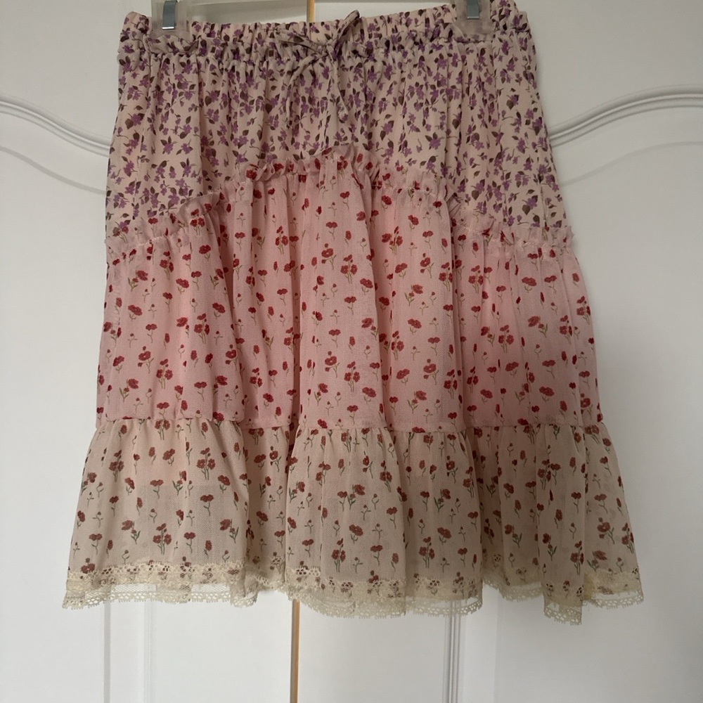 Zara Floral A-Line Skirt - Purple, Pink, and Cream